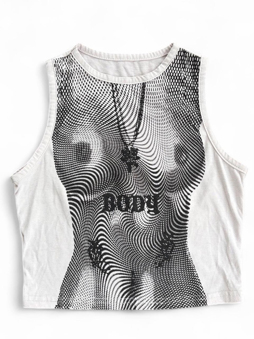 White Graphic Crop Tank Top with Black Optical Print